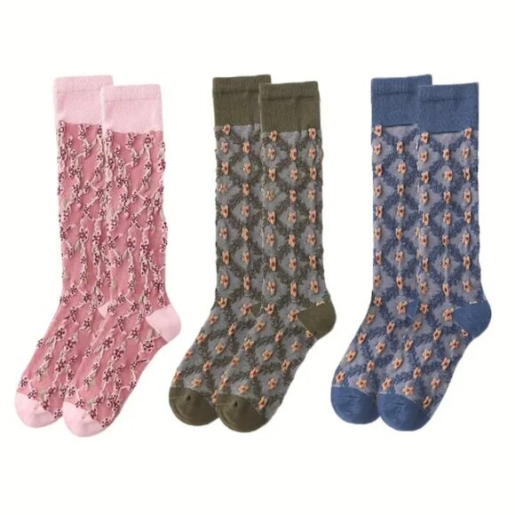Retro Floral Embroidery Calf Socks, Soft Thin Knee High Socks, *3 pairs - Picture 1 of 4